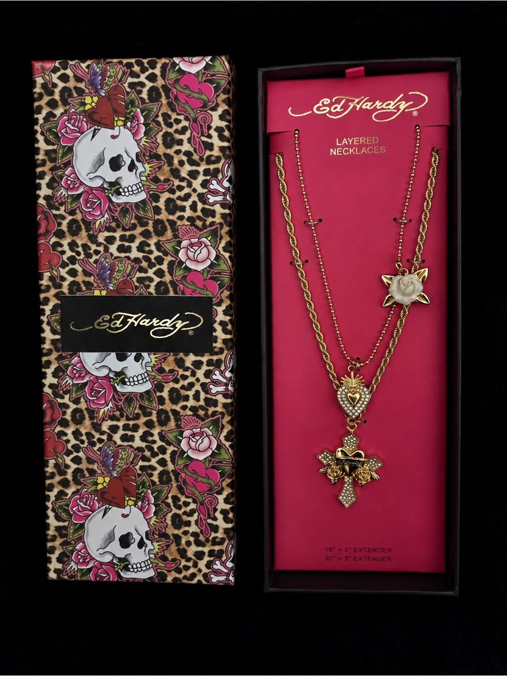 Ed Hardy Layered Gold Tone Necklace Set Rhinestone Heart Cross Rose Y2K